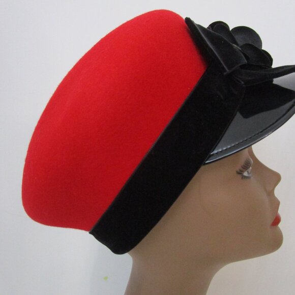 Mushroom Red Wool Visor Brim Cap Hat Patent Leather Brim Flower - Picture 9 of 14